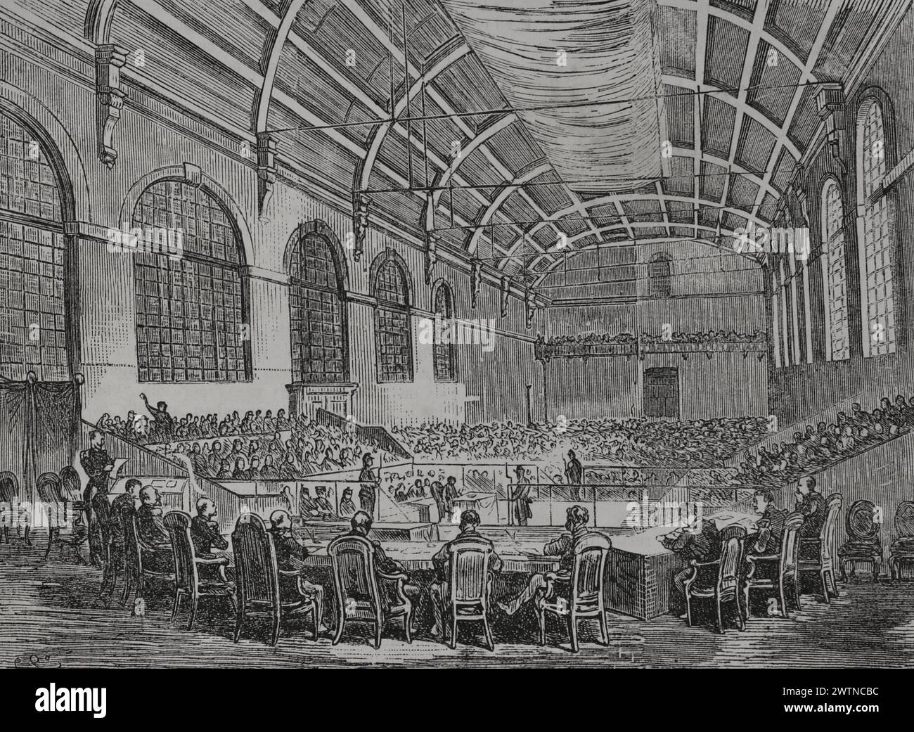 France. Paris Commune. Popular revolutionary movement that took power in Paris from 18 March to 28 May 1871, as a result of the Franco-Prussian War. Trial of the Paris Commune. Cases proceedings by the court martial at Versailles against the leaders of the Paris insurrection. Session room of the third council of war at Versailles. 6 August 1871. Engraving. 'Historia de la Guerra de Francia y Prusia' (History of the War between France and Prussia). Volume II. Published in Barcelona, 1871. Stock Photo