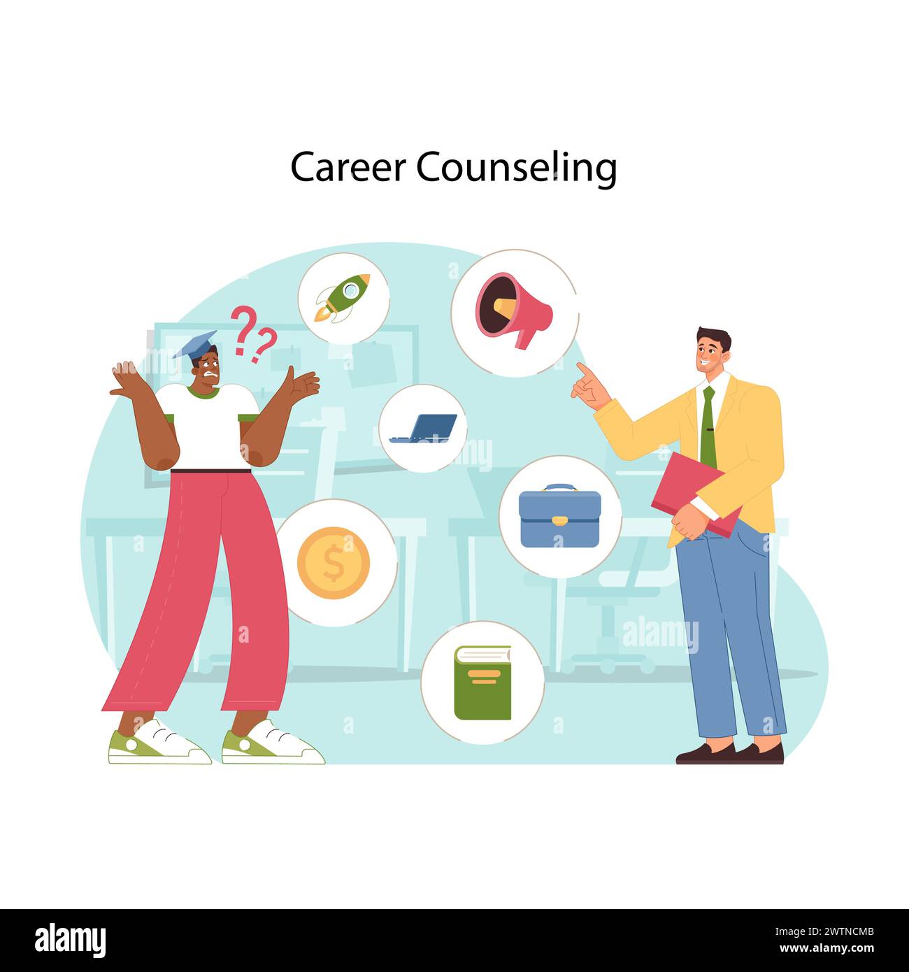 Guidance for future careers. Confused student choosing jobs and workplaces. Career counseling session with counselor providing guidance on various professional pathways. Flat vector illustration Stock Vector