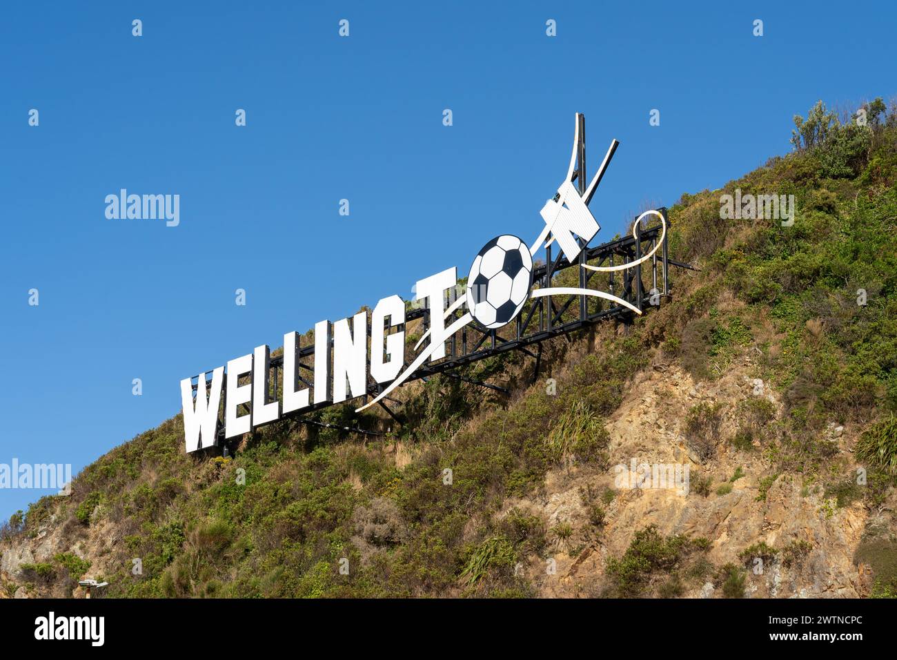 A giant football in place on the Wellington blown away sign at the city's airport in Wellington Stock Photo