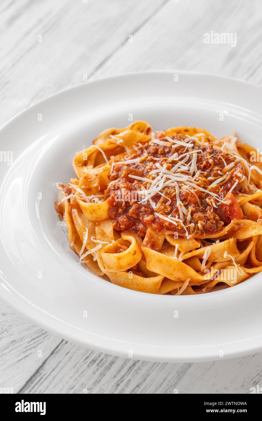 Portion of Tagliatelle pasta with bolognese sauce Stock Photo