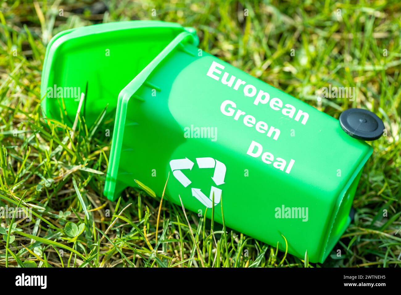 green garbage bin lying in the grass with the text European Green Deal ...