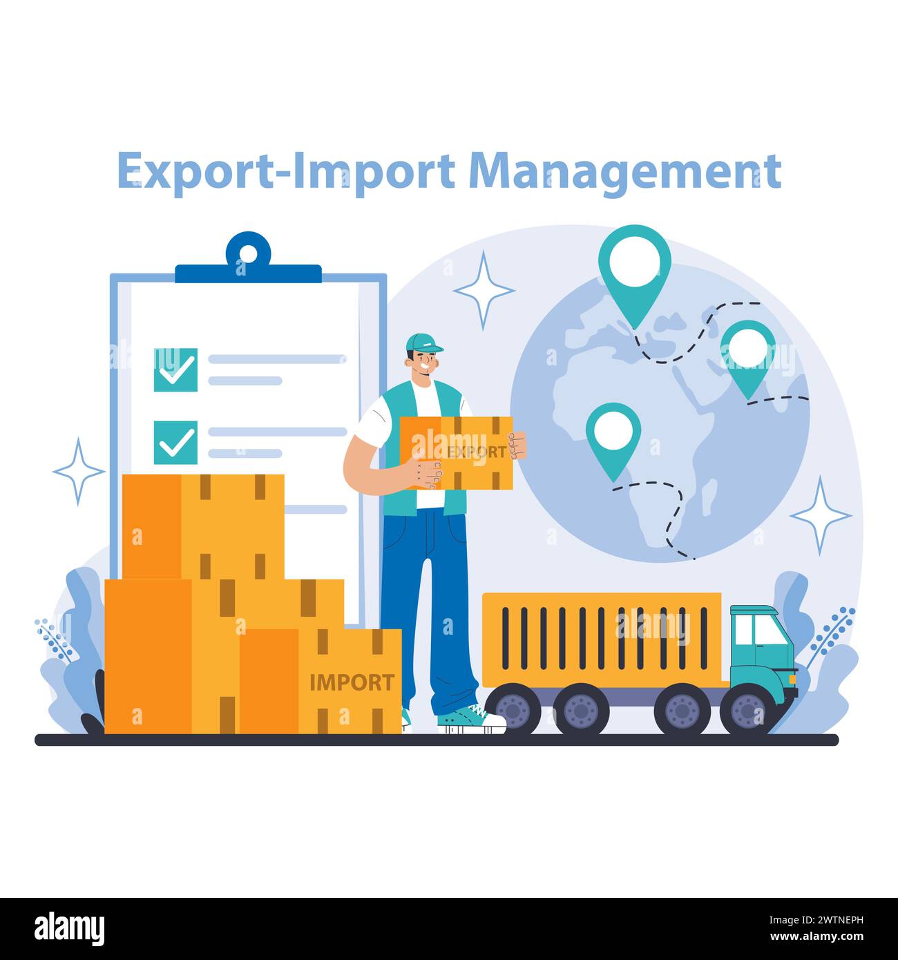 Export-import management concept. Detailed depiction of export-import management. Coordinating global shipment logistics. Illustrating trade compliance and documentation. Flat vector illustration. Stock Vector