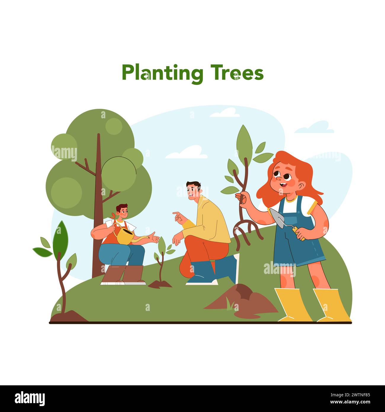 Tree planting concept. Spirited children and attentive adult participate in wholesome act of planting young trees, fostering growth and environmental stewardship. Flat vector illustration Stock Vector