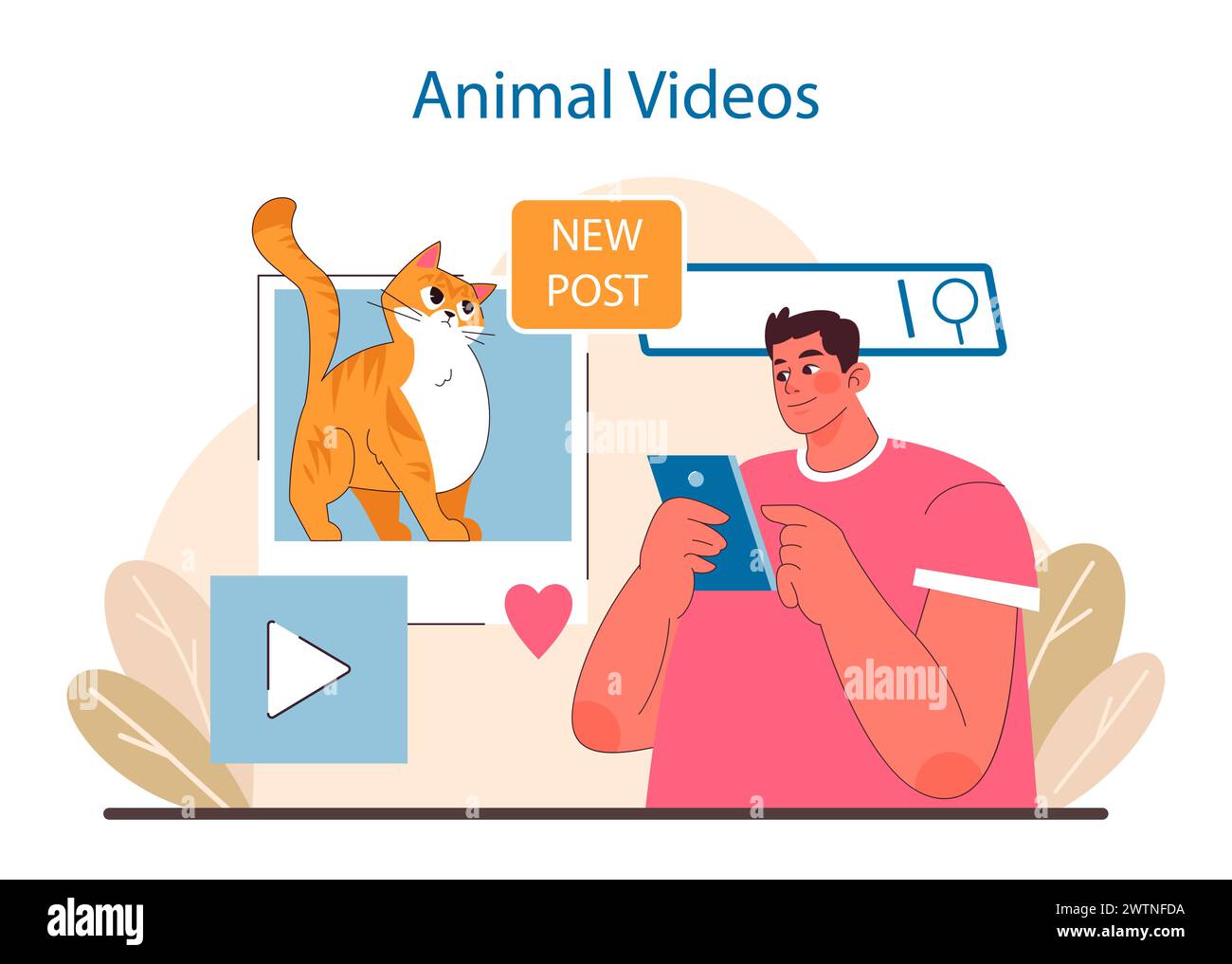 Online Animal Engagement concept. A man shares heartwarming animal videos on a social platform. Capturing the joy of pet content in the digital age. Flat vector illustration. Stock Vector