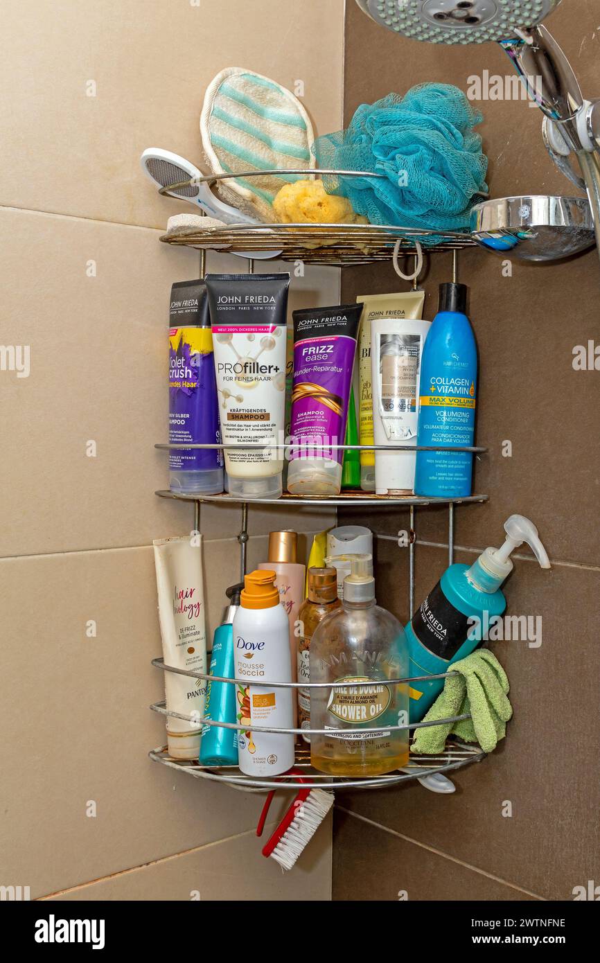 Belgrade, Serbia March 10, 2024 Bathroom metal corner shelf full