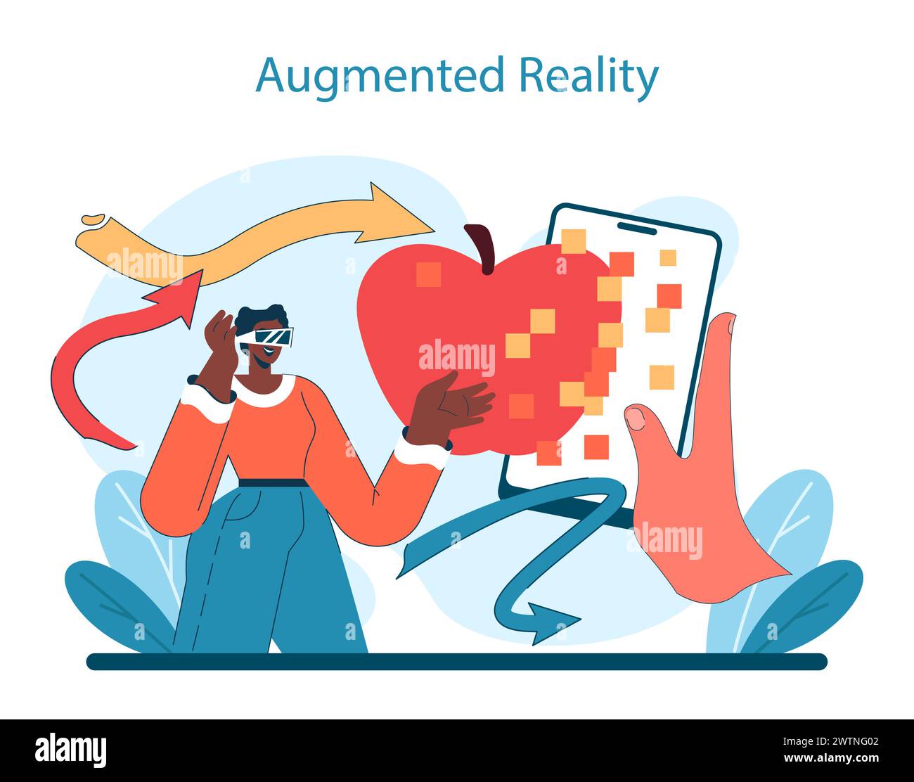 Augmented Reality innovation. A user interacts with a digital apple through AR, blending the physical and virtual for an educational experience. Vector illustration. Stock Vector
