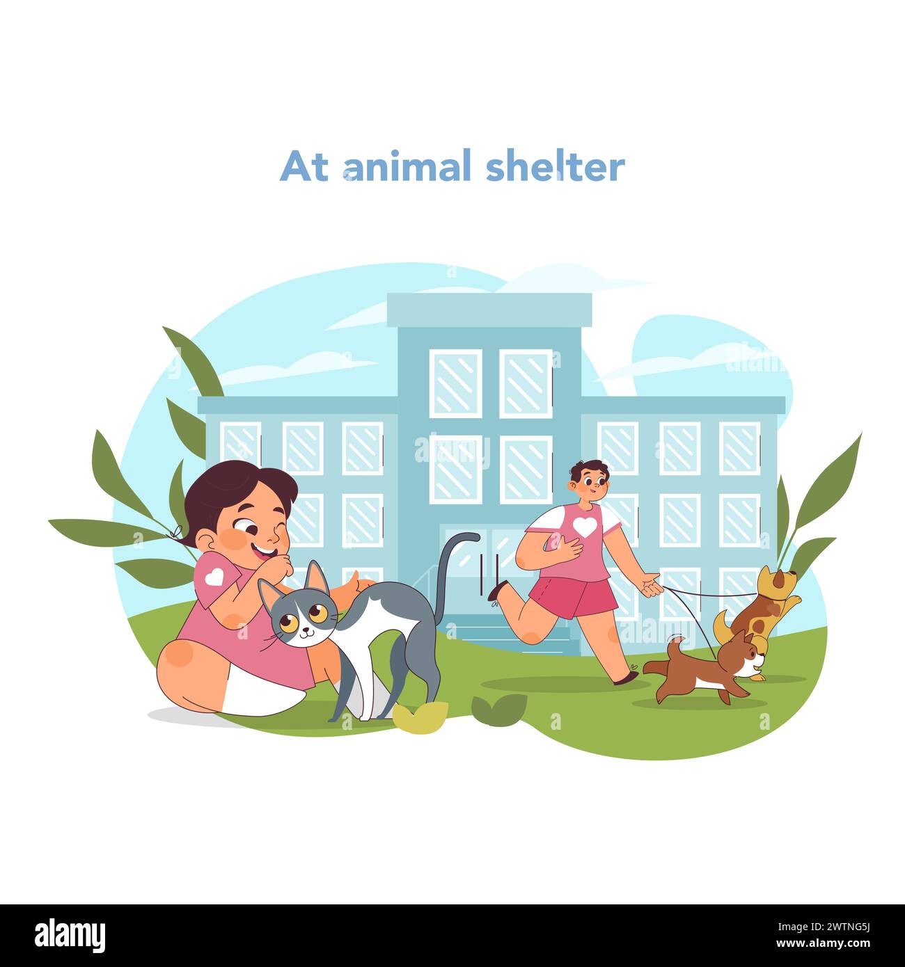 Animal welfare concept. Joyful children volunteer at shelter, nurturing and playing with pets awaiting adoption. Compassion meets care. Helping abandoned animals in need. Vector illustration Stock Vector