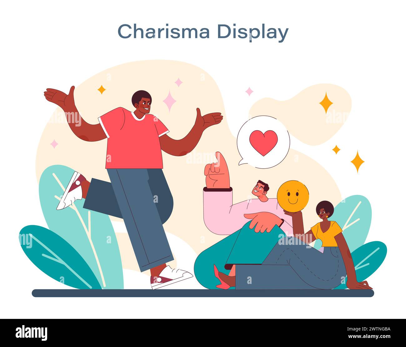 Charisma display concept. A vibrant vector illustration that captures the essence of magnetic personalities and the power of nonverbal cues in social settings. Vector illustration. Stock Vector