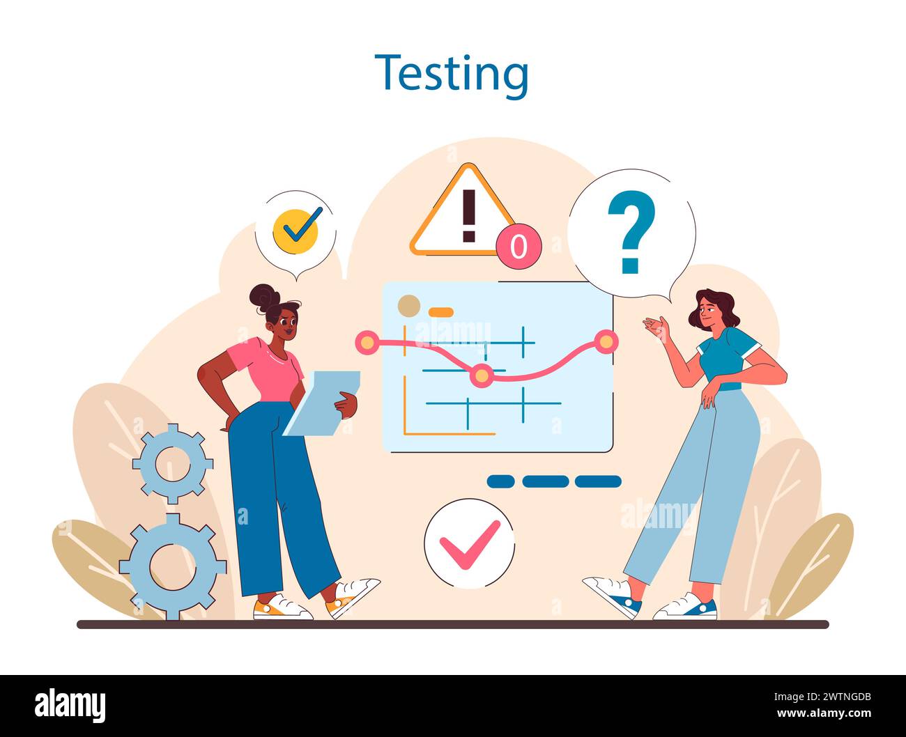 Testing stage in IT project management. Highlights the critical evaluation of software functionality, identifying bugs, and ensuring product quality before deployment. Flat vector illustration. Stock Vector