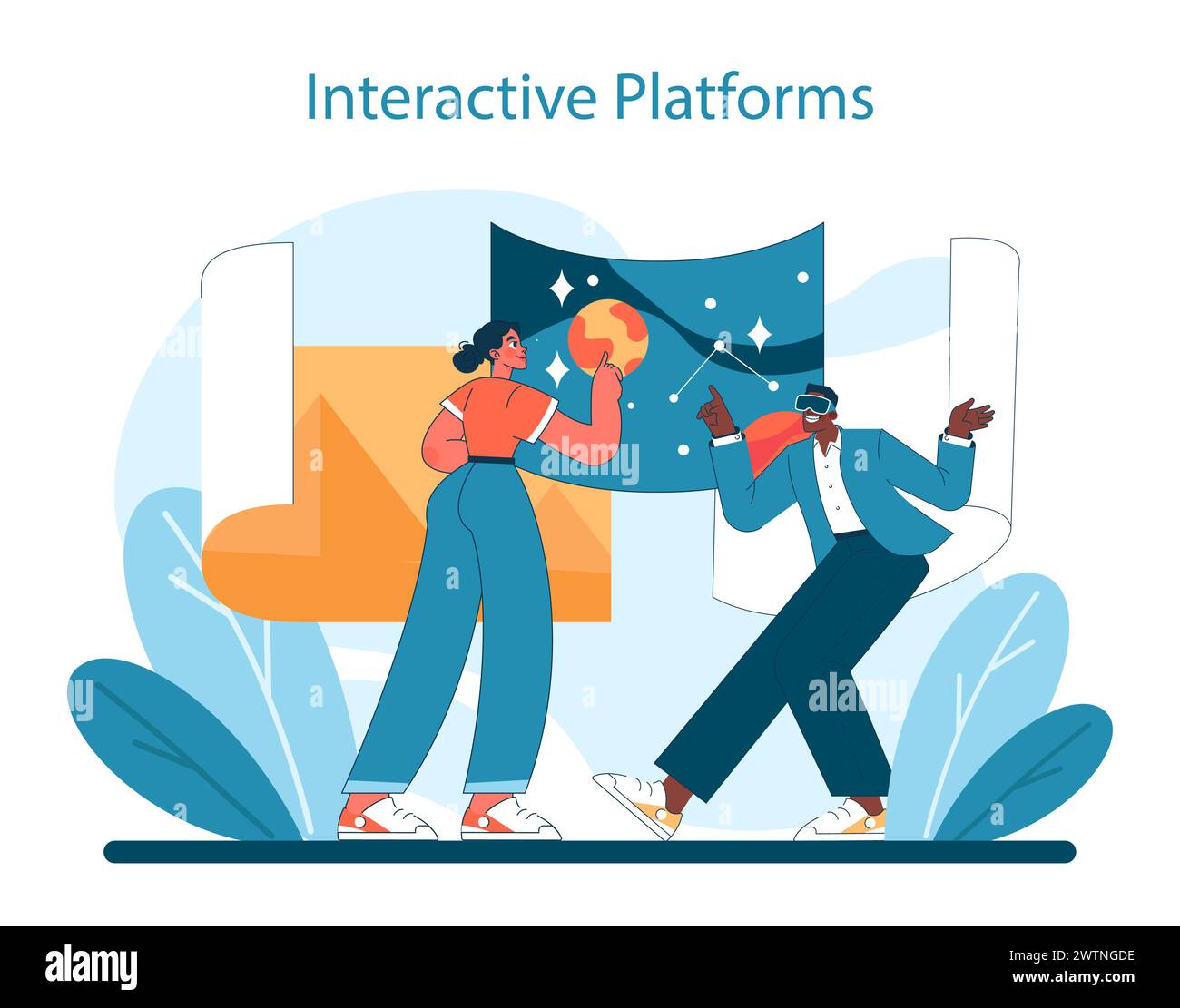 Interactive Platforms concept in Virtual Tourism. Users connect through advanced technology, exploring space and stars in a virtual environment. Vector illustration. Stock Vector