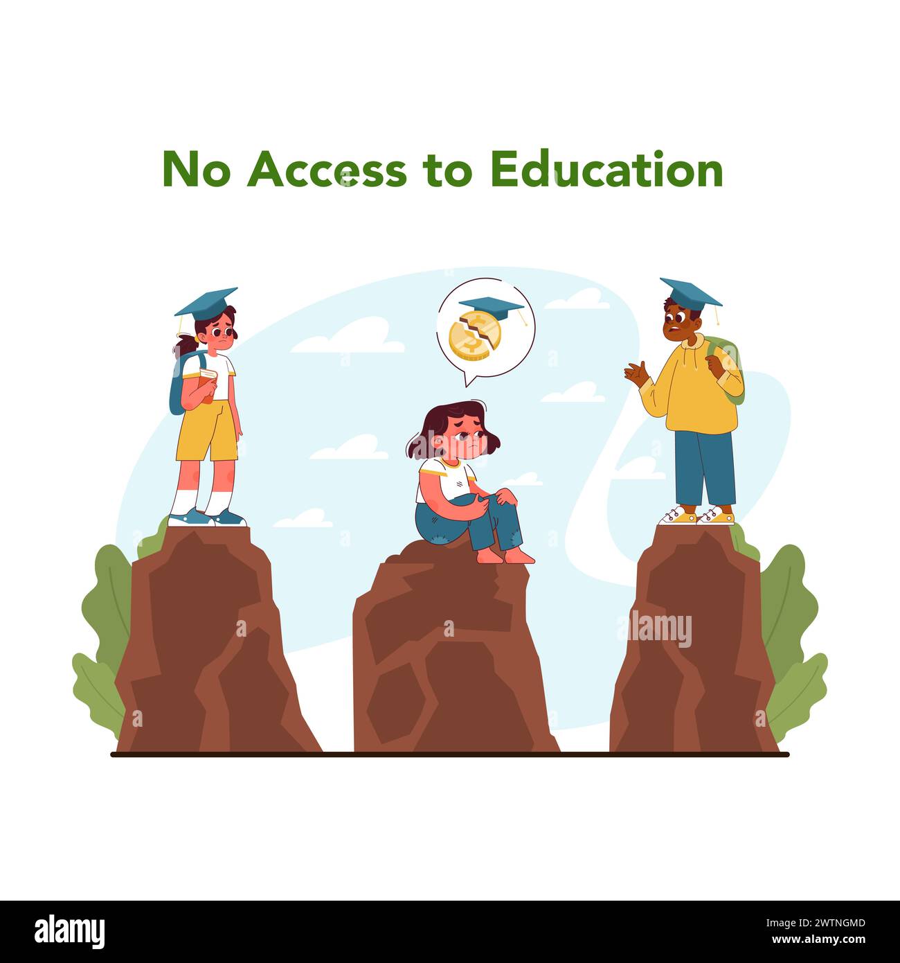 Education gap concept. Stark divide in child education access, contrasting aspirations with reality. Problem of family poverty in modern society. Fight for kids rights. Flat vector illustration Stock Vector