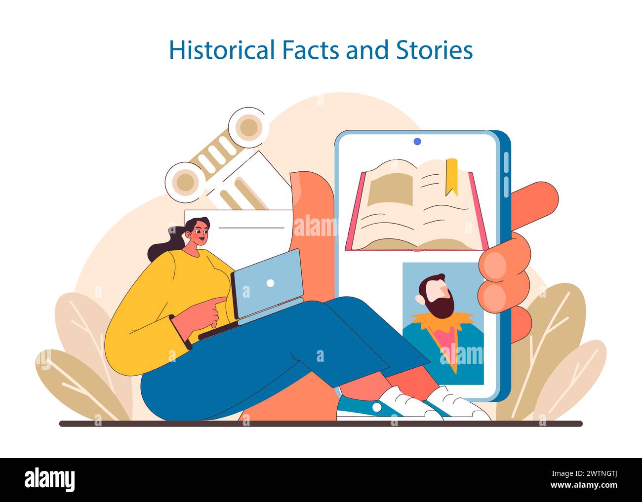 Historical Discovery concept. Digital exploration of ancient civilizations and significant events. Bringing the past to the present with technology. Flat vector illustration. Stock Vector