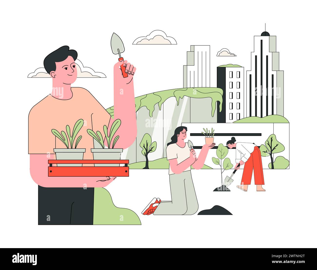 Air quality awareness. Urban greening. People engaging in urban landscaping and planting to improve air quality index in a city environment. Flat vector illustration. Stock Vector