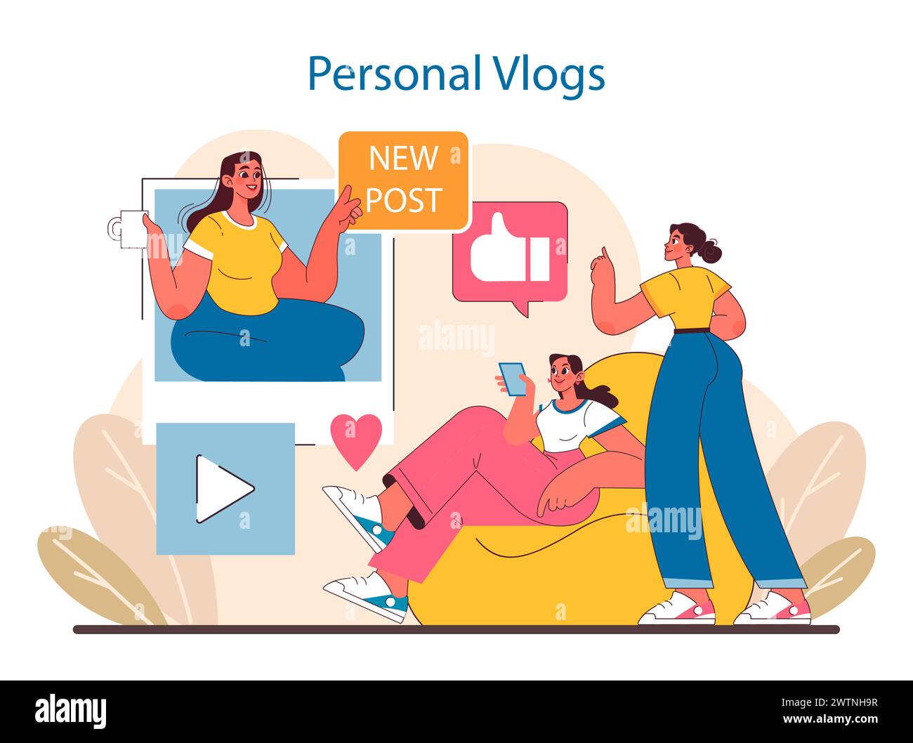 Personal Vlogs concept. Authentic daily life insights shared on digital platforms. Influencers connecting with followers. Interactive social media storytelling. Flat vector illustration. Stock Vector