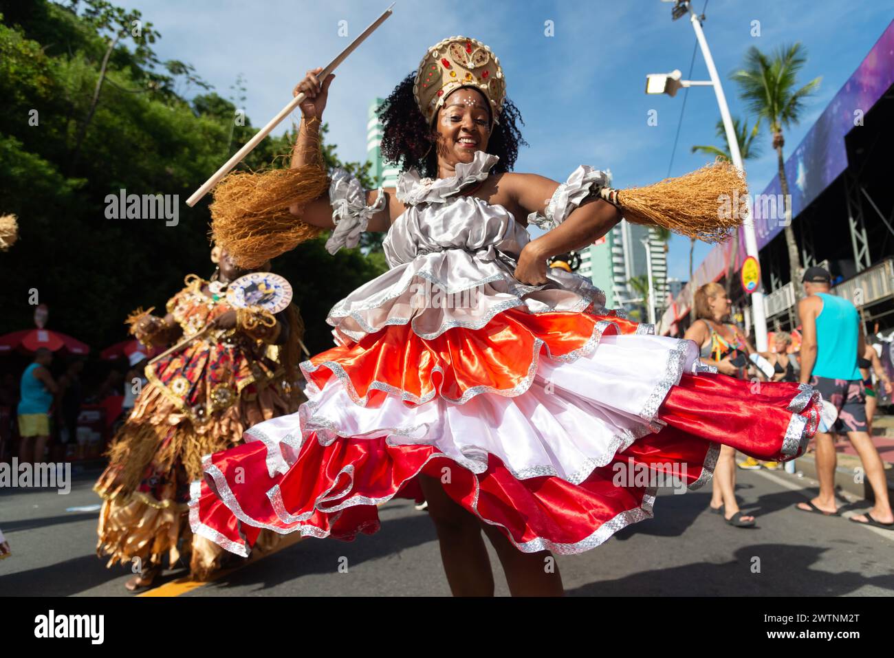 Salvador, Bahia, Brazil - February 03, 2024: Traditional cultural group is seen performing during the Fuzue pre-carnival parade in the city of Salvado Stock Photo