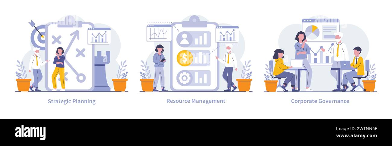 Strategic Management and Finance set. Showcasing operational tactics, asset allocation, and organizational leadership. Foundations of business administration. Vector illustration. Stock Vector