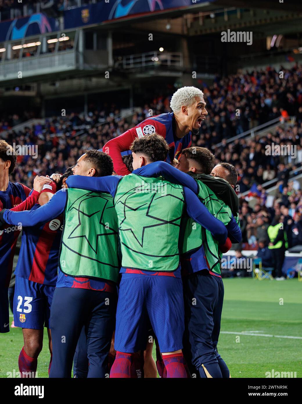 Barcelona, Spain. 12th Mar, 2024. Barcelona players celebrate a goal during the Uefa Champions League match between FC Barcelona and SSC Napoli at the Stock Photo