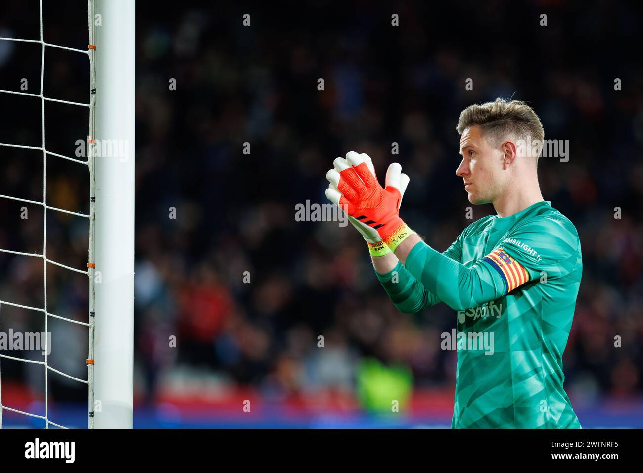 Barcelona, Spain. 12th Mar, 2024. Ter Stegen in action during the Uefa Champions League match between FC Barcelona and SSC Napoli at the Estadi Olimpi Stock Photo