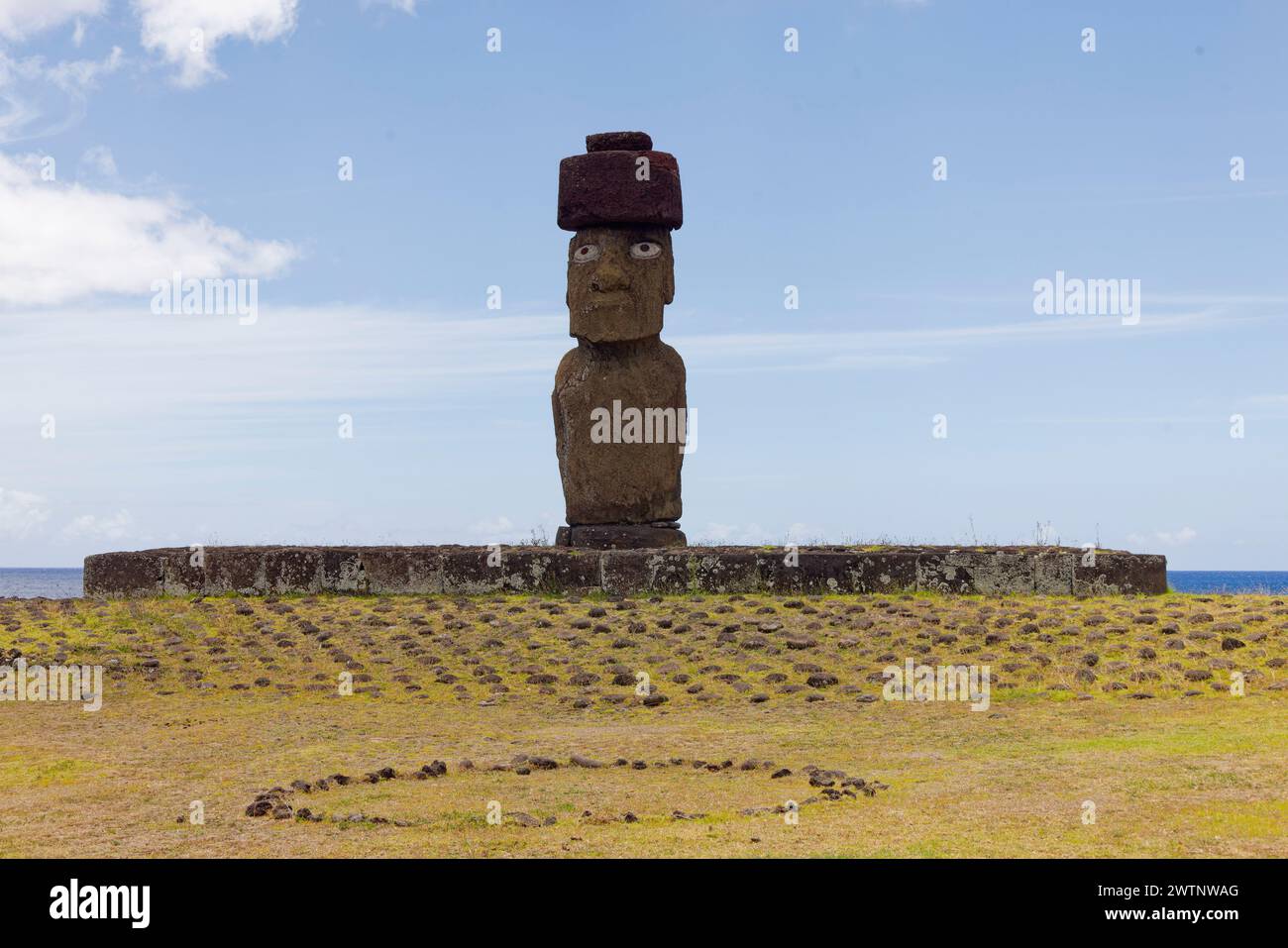 Hanga Roa, Easter Island, Chile. 26th Dec 2023. Ahu Ko Te Riku, and its restored eyes at the archaeological site of Ahu Tahai. Stock Photo