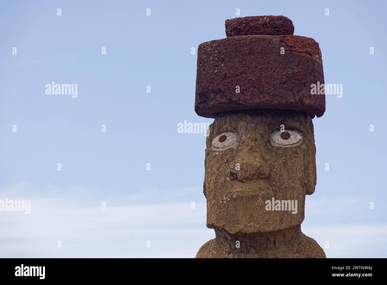 Hanga Roa, Easter Island, Chile. 26th Dec 2023. Ahu Ko Te Riku, and its restored eyes at the archaeological site of Ahu Tahai. Stock Photo