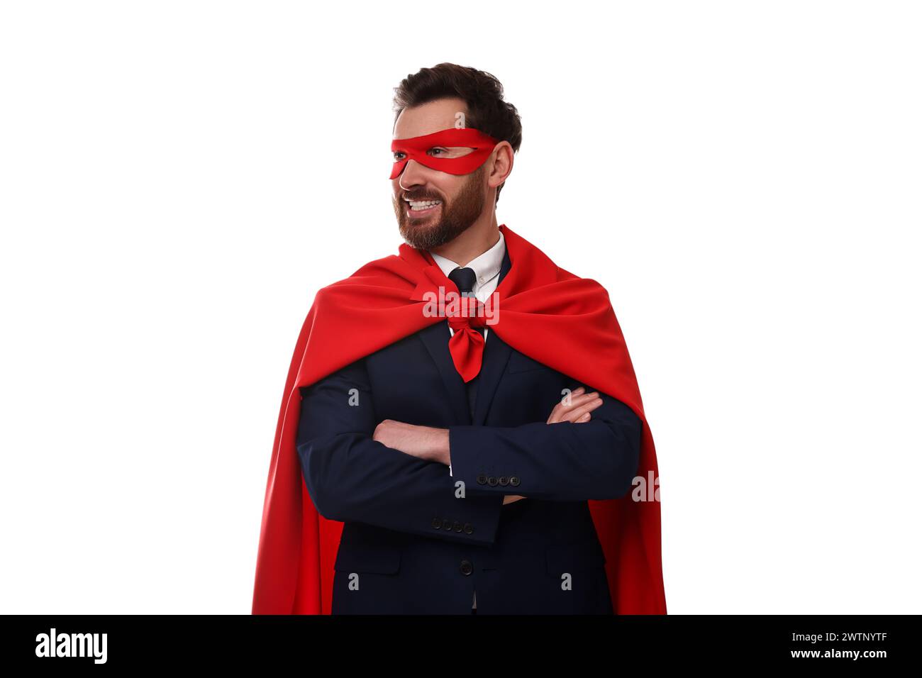 Happy businessman wearing red superhero cape and mask on white ...