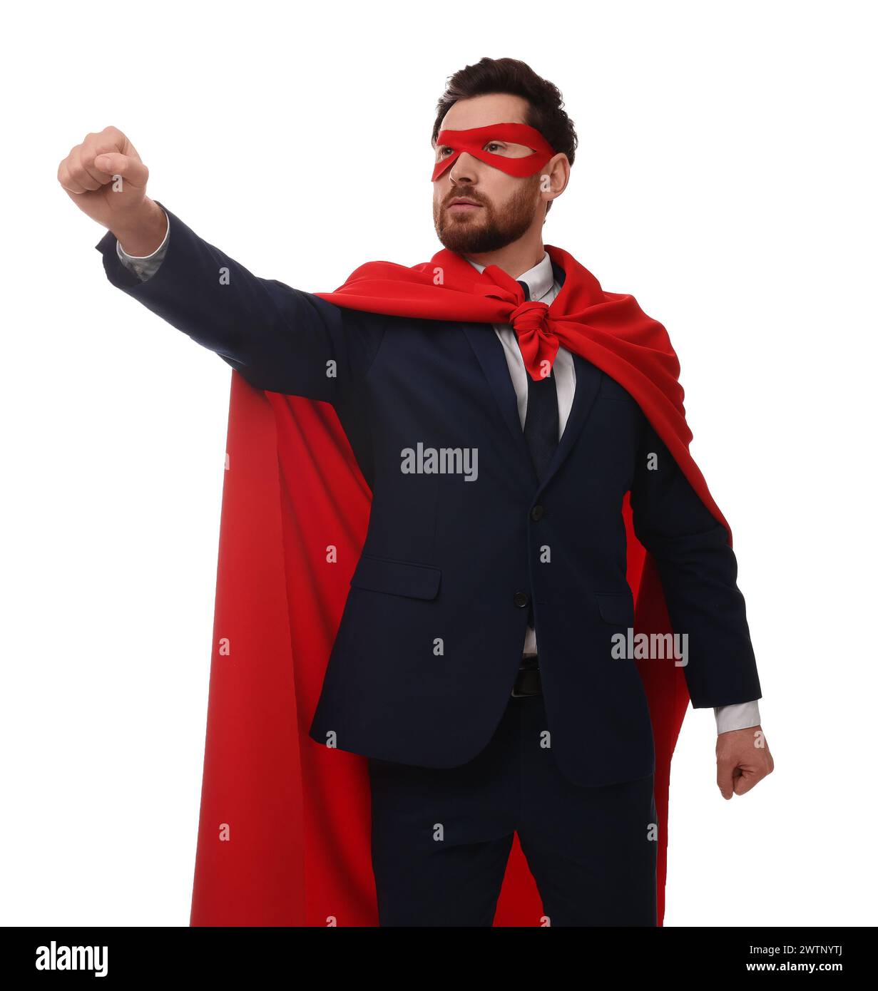 Confident businessman wearing red superhero cape and mask on white ...