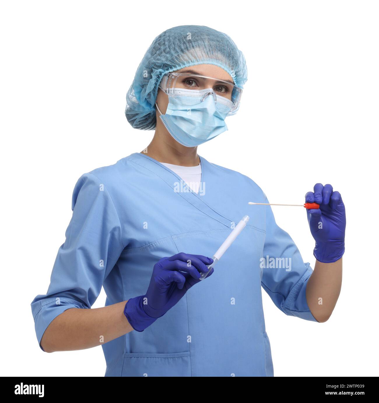 Laboratory testing. Doctor with cotton swab and tube on white ...