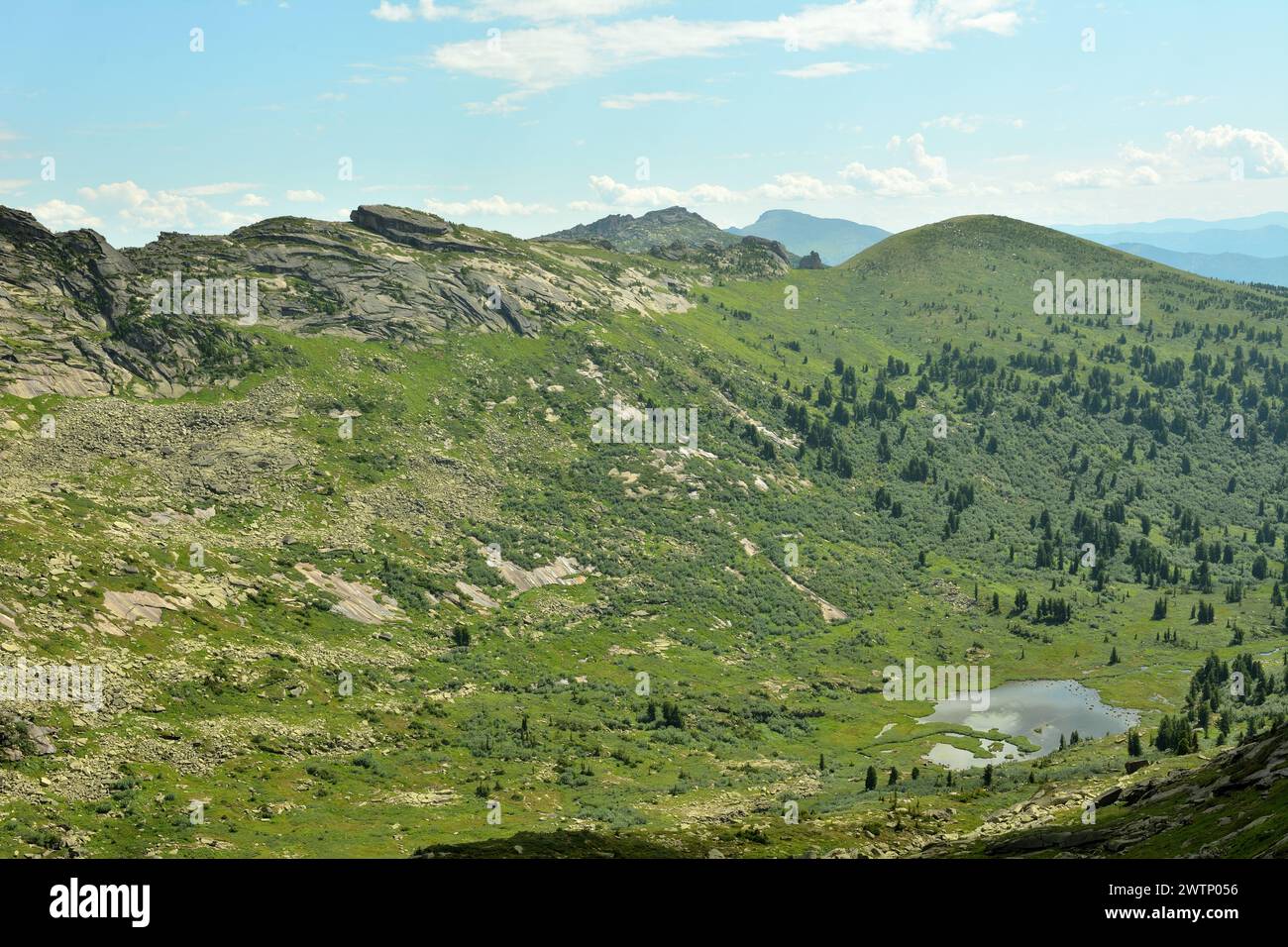 A view from above of a picturesque lake sandwiched between two high mountain ranges overgrown with grass under a sunny summer sky. Ergaki Natural Park Stock Photo