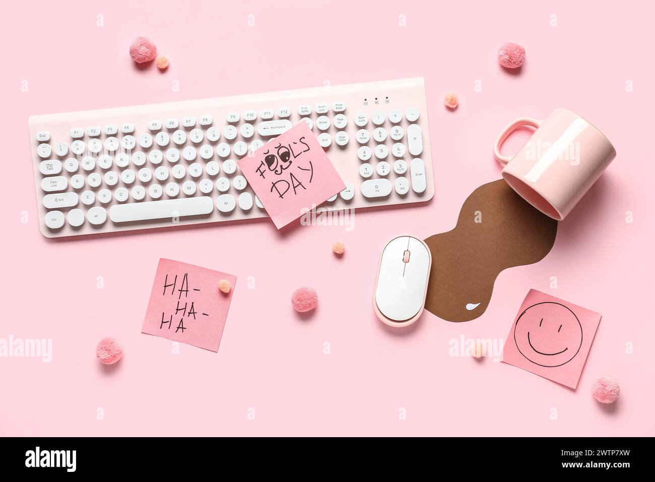 Computer keyboard, sticky notes and prank with spilled cup of coffee on