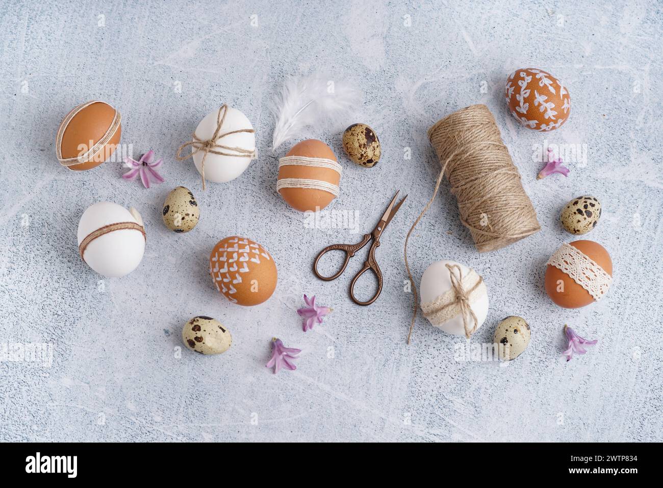 Traditional decorated Easter eggs and spring flowers on white ...