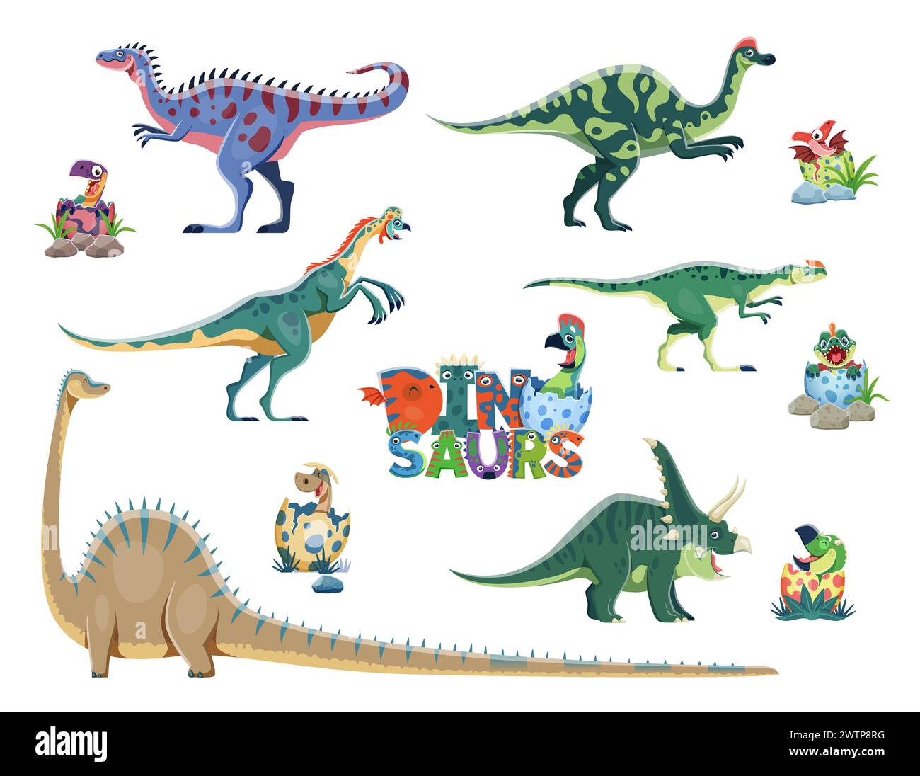 Dinosaur moms and their babies in eggs. Cartoon vector set of mothers