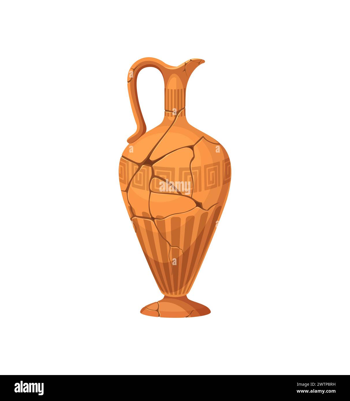 Ancient broken vase and pottery. Old ceramic cracked pot or jug. Isolated cartoon vector earthenware pitcher. Vessel for wine or oil, museum artefact with cracks, greek or roman pattern and handle Stock Vector