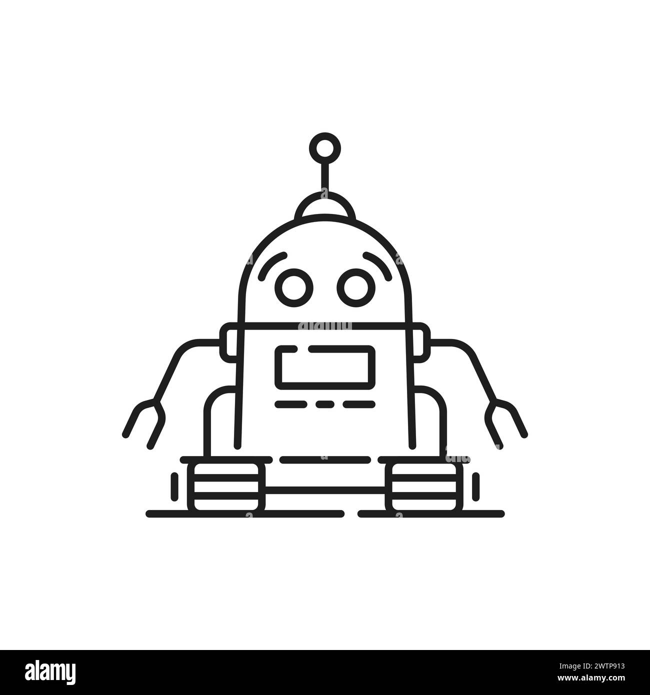 Sci Fi retro robot outline icon. Chatbot AI android, alien cyborg humanoid robot or virtual assistant vintage droid linear vector pictogram. Autopilot artificial intelligence bot outline icon Stock Vector