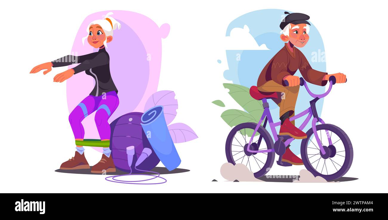 Active senior people exercising isolated on background. Vector cartoon illustration of old man riding bicycle outdoors, happy elderly woman doing squats in gym, healthy lifestyle at retirement age Stock Vector