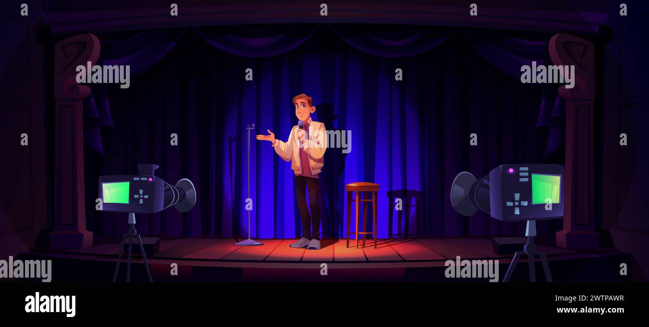 Man standup comedy performer on stage with mic and stool, blue curtain and tv cameras, lighted with spotlight. Comedian male artist during entertainment on scene. Talent show or theater presentation. Stock Vector