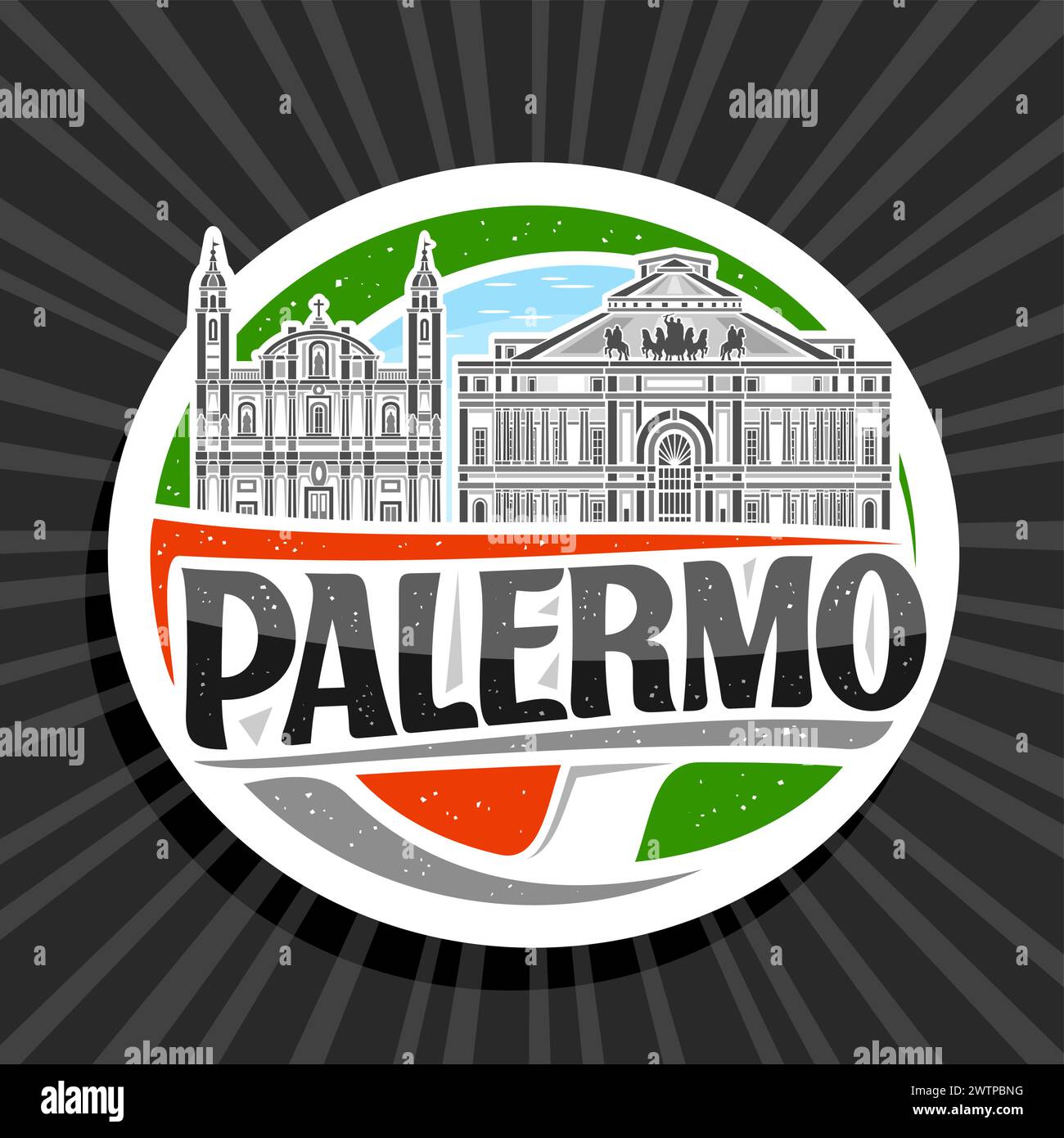 Vector logo for Palermo, white decorative tag with outline illustration of european palermo city scape on day sky background, art design refrigerator Stock Vector