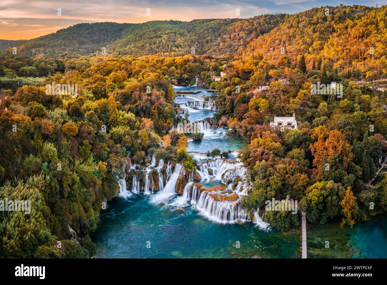 Krka, Croatia - Aerial panoramic view of the beautiful Krka Waterfalls in Krka National Park on a sunny autumn morning with colorful autumn foliage an Stock Photo