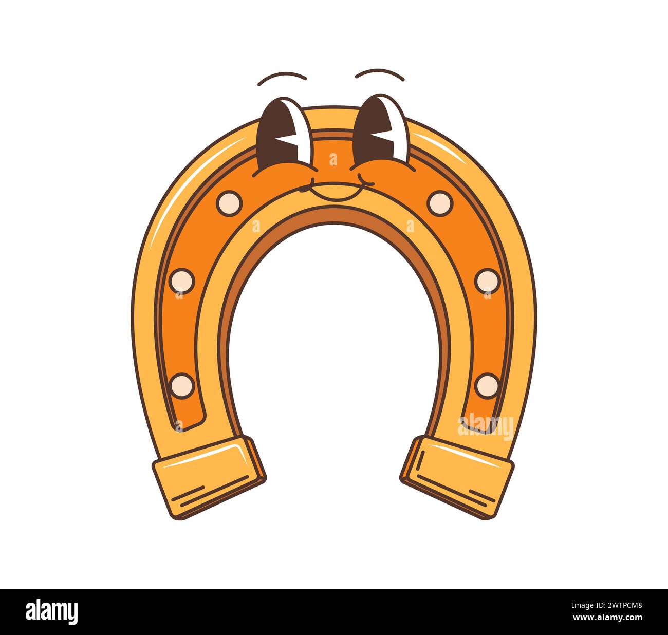 Wild west western groovy horseshoe character radiates retro charm. Isolated vector lucky golden horse shoe personage smile, embody a playful, free-spi Stock Vector