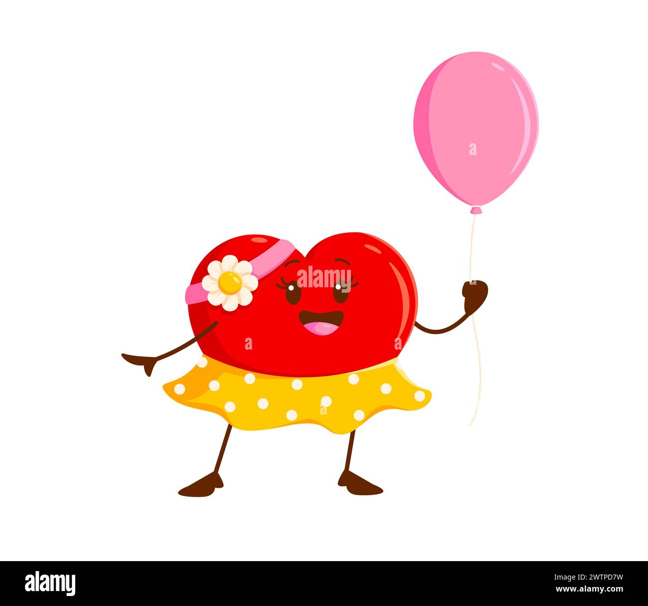 Cartoon love heart girl character with balloon. Isolated vector cute