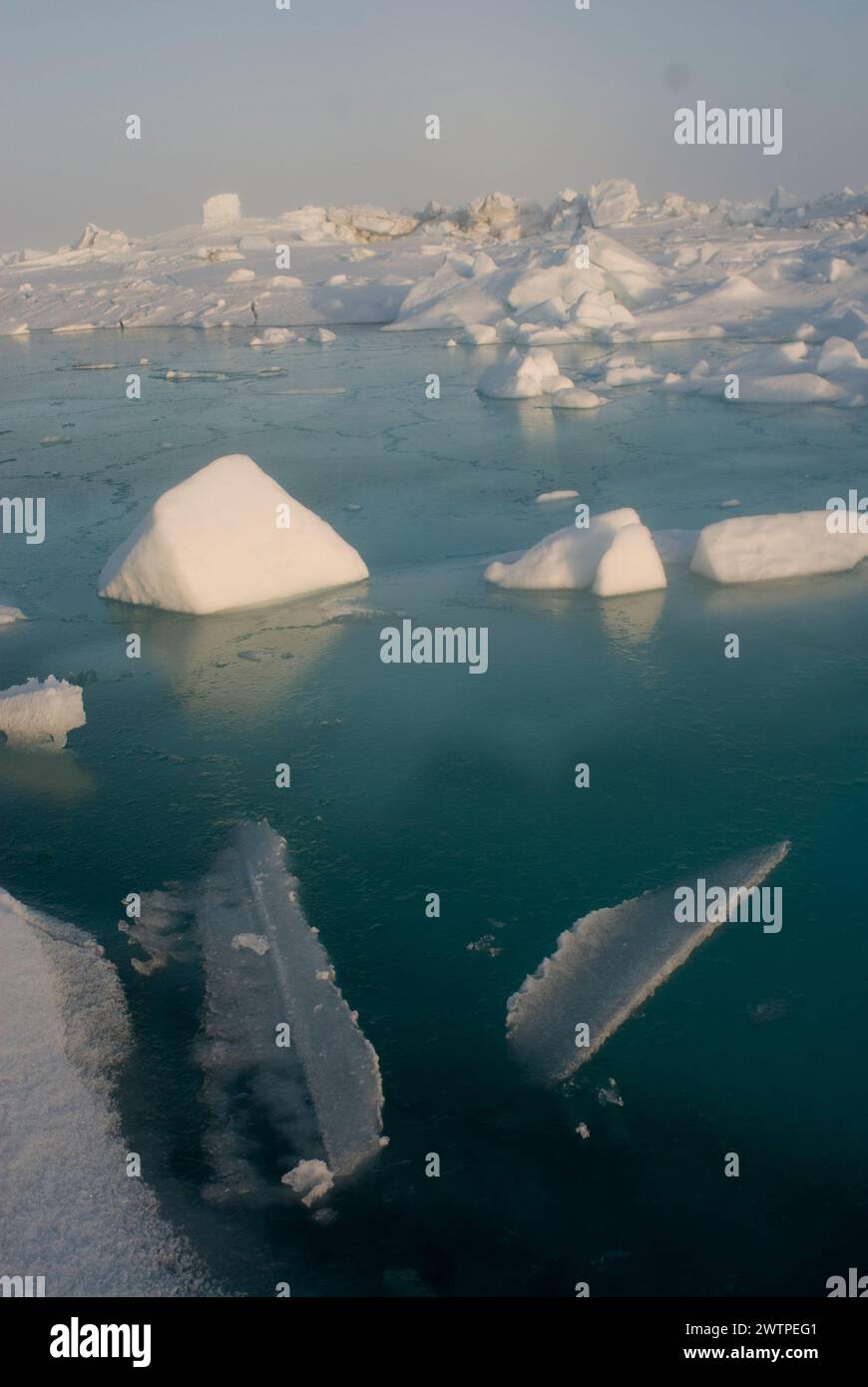 Seascape of rough pack ice over the Chukchi sea in springtime, off shore from the arctic village of Utqiagvik Arctic Alaska Stock Photo