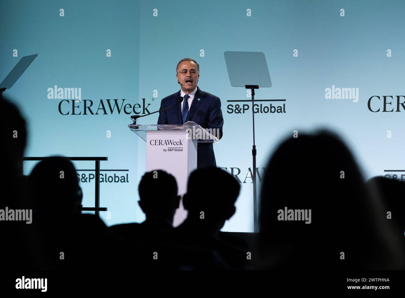 Houston, USA. 18th Mar, 2024. Aramco President and CEO Amin Nasser speaks in Leadership Dialogue at CERAWeek in Houston, Texas, the United States, March 18, 2024. CERAWeek, known as a superbowl forum in the global energy industry, kicked off Monday in Houston of the U.S. state of Texas, with topics covering the entire energy spectrum but themed on multidimensional energy transition in four fields: markets, climate, technology and geopolitics. Credit: Chen Chen/Xinhua/Alamy Live News Stock Photo