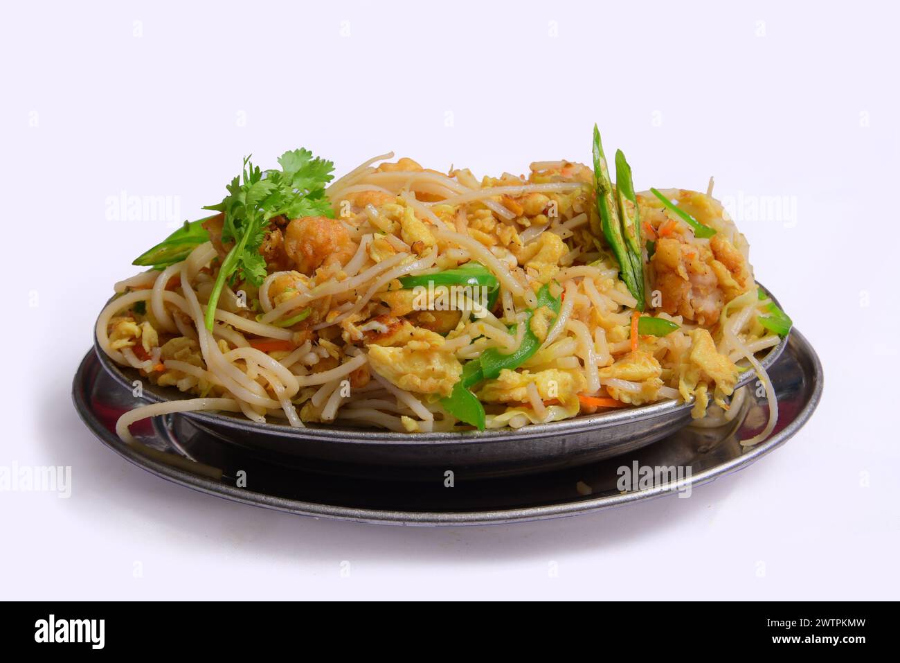 Chicken noodles are a delicious, flavor-packed meal of stir-fried noodles, chicken, vegetables, and sauces garnished with coriander served on a plate. Stock Photo