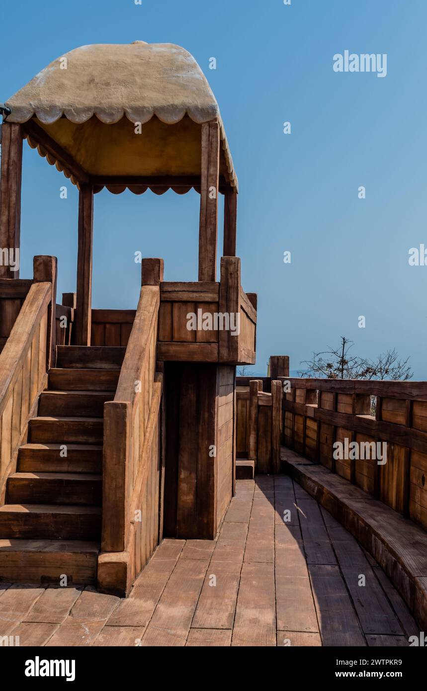 Raised roofed observation platform on deck of replica Panokseon, a Korean oar and sail propelled ship in Seocheon, South Korea Stock Photo