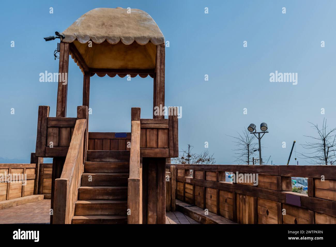 Raised roofed observation platform on deck of replica Panokseon, a Korean oar and sail propelled ship in Seocheon, South Korea Stock Photo