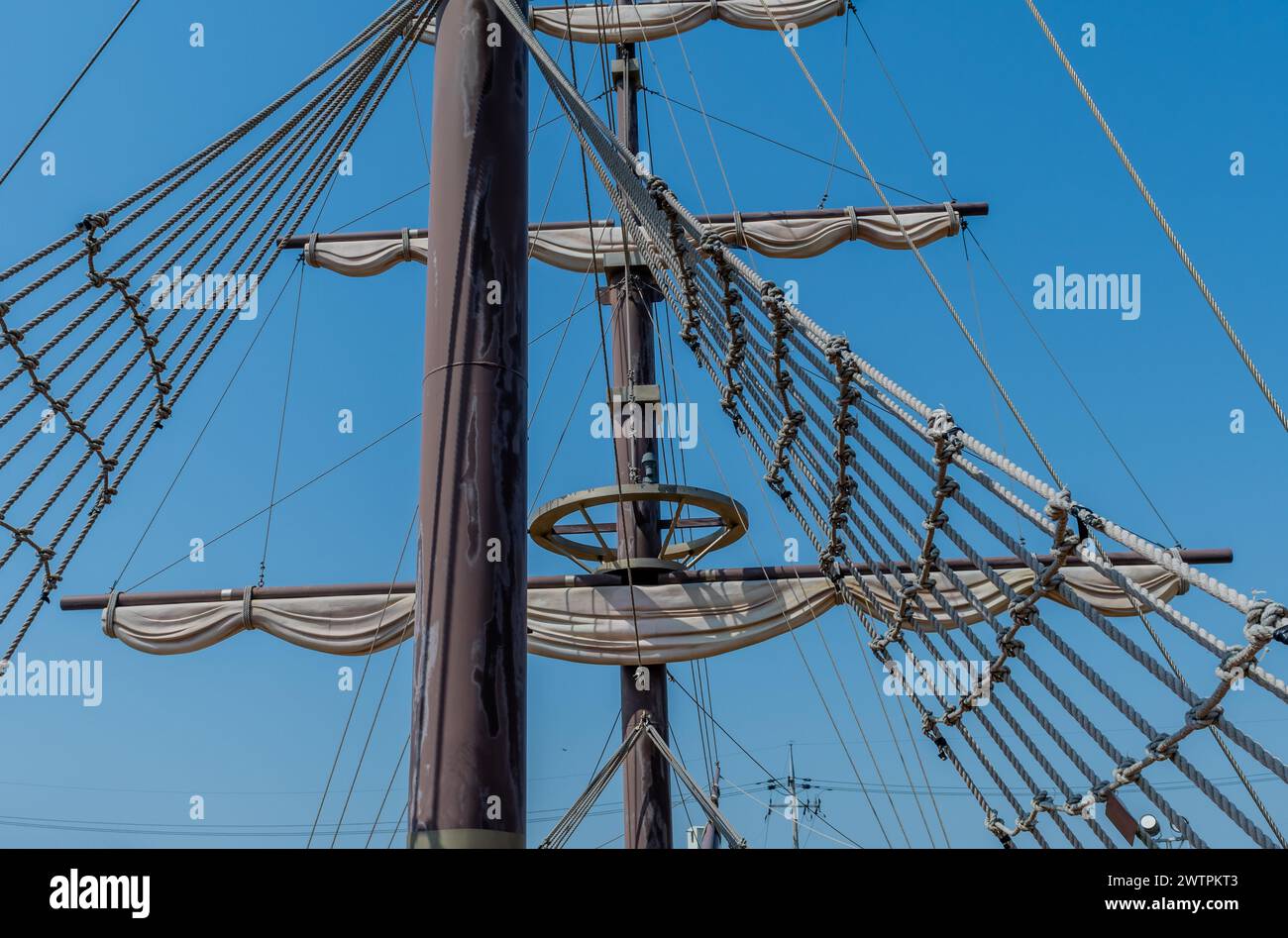 Mast, rigging and sails of replica 14th century British sailing vessel ...