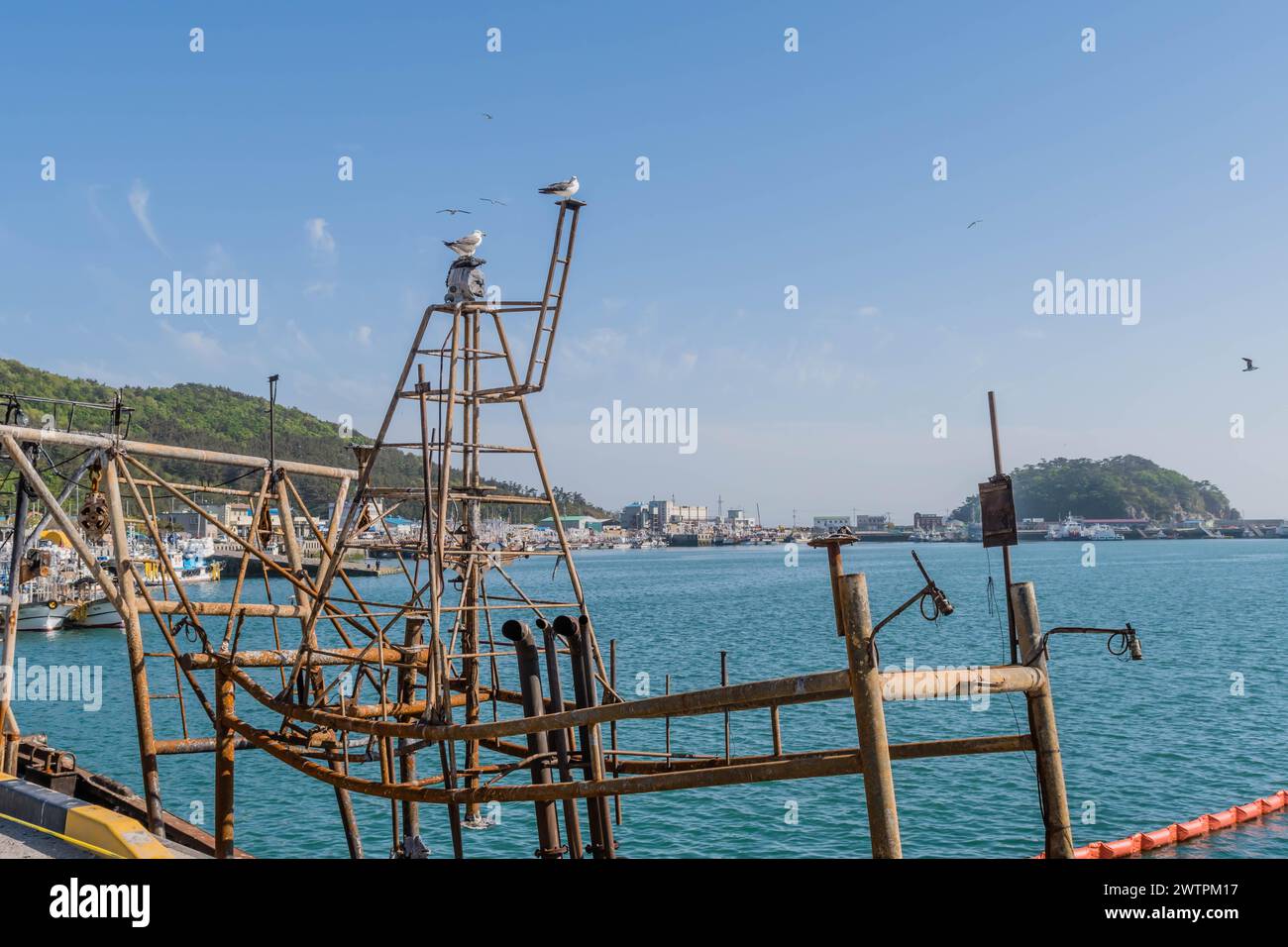 Bird perching on a metal structure at a sea harbor with clear skies, in Sinjin-do, South Korea, Asia Stock Photo