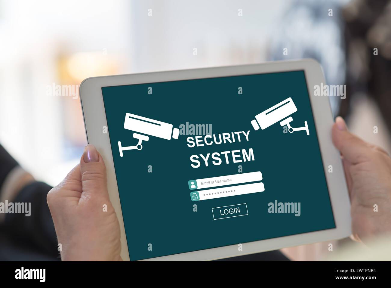 Tablet screen displaying a security system concept Stock Photo