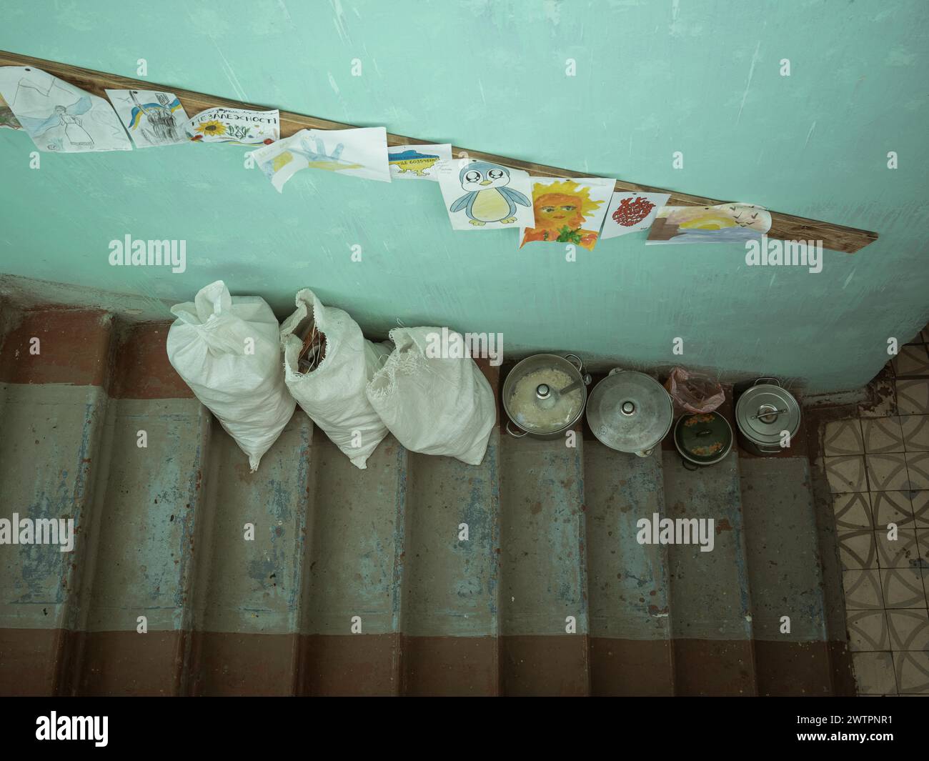 Food supplies in a former kindergarten in the frontline village of Shevchenkove, Kharkiv Oblast, Ukraine, Europe Stock Photo