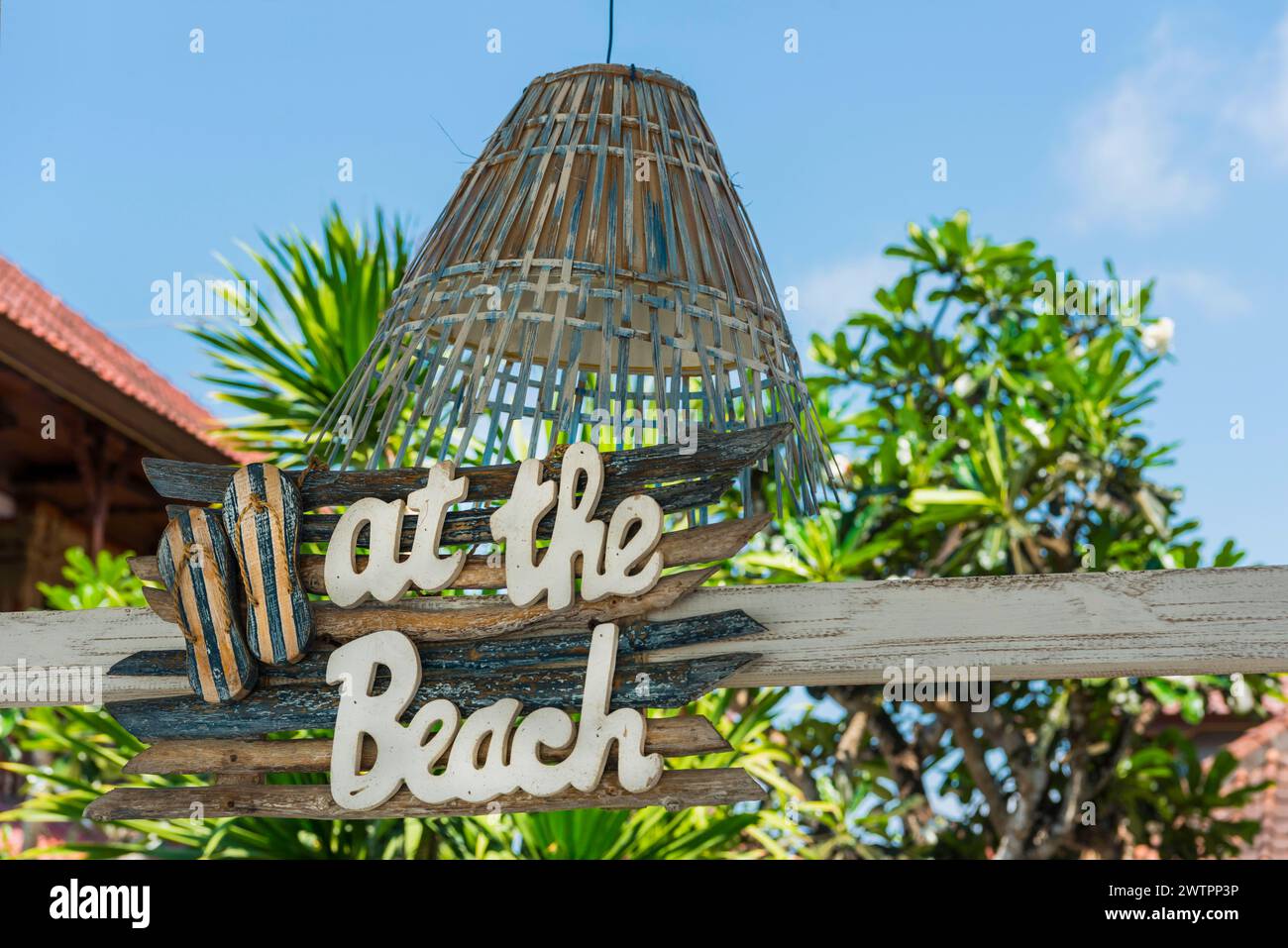 Sign on the beach, beach, beach club, restaurant, beach holiday, symbol, symbolic, summer, sun, bathing, bathing holiday, beach holiday, travel Stock Photo