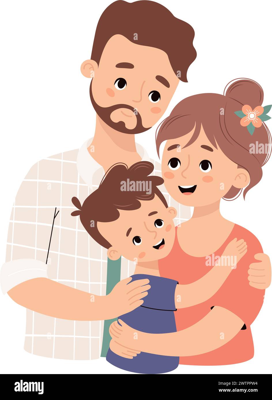 Happy family. Cute bearded man father tenderly hugs his wife and son. Vector illustration. Stock Vector